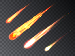 Set of falling luminous comet meteorites - obrazy, fototapety, plakaty