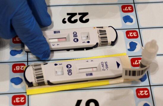 Attendees' coronavirus disease (COVID-19) antigen rapid test cartridges are pictured at a screening station for attendees of a conference held by the Institute of Policy Studies at Marina Bay Sands Convention Centre in Singapore