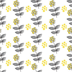 Cute floral seamless pattern in white, yellow and gray colors of the year 2021. Trendy vegetal pattern with flowers, sprigs and dots on white background. Minimalist style. Vector illustration
