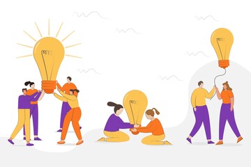 Set of Vector illustration successful idea with people holds a light bulb. Creative idea flat design concept