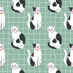 Vector seamless pattern with kittens. Creative retro childish texture.