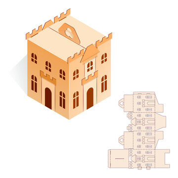 Model Gift Box of Tower, Castle, House for Sweets, Baked Goods, Surprises. Paper Knight's Fortress Laser Cutting Template. Die Cut Retail Packaging. No Glue Needed.