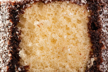 Delectable lamington, made with sponge cake, chocolate sauce and shredded coconut