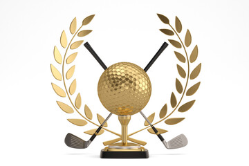 Golden golf trophy isolated on white background. 3D illustration. - 408439871
