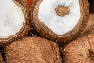 Coconuts heap close-up view in Chengdu, Sichuan province, China