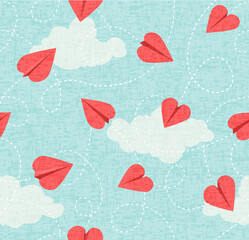 Fototapeta na wymiar Seamless Valentines Day pattern of heart shaped paper airplanes. Flying red hearts on blue sky background. Vector Illustration