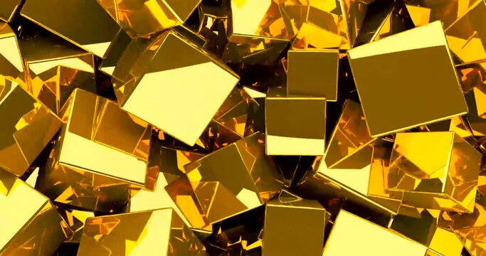 Abstract gold metallic background from cubes. Chaotically moving gold metal cubes, 3d render. High quality 4k footage