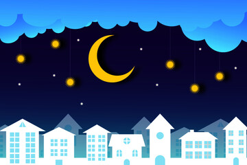 Obraz na płótnie Canvas night sky with stars and moon clouds rise in the white city. Vector of a crescent moon with stars on a cloudy night sky. Moon and stars blue night background.