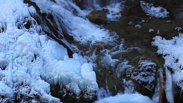 Ice cascade.The beautiful Jiuzhaigou Valley, National Park in winter in aba prefecture, sichuan province, China. Inclusion on the World Natural Heritage List in 1992.
