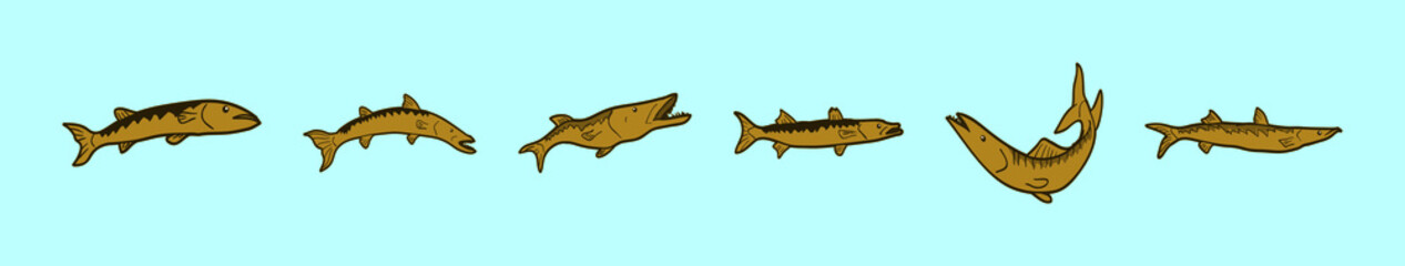 set of barracuda fish cartoon icon design template with various models. vector illustration isolated on blue background