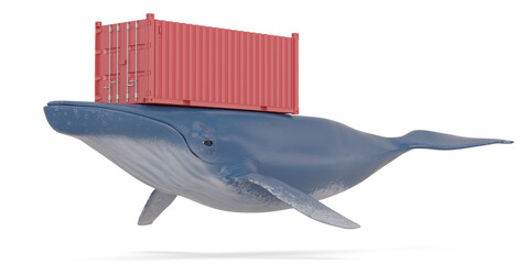 Creative illustration, Container on Blue whale, 3D rendering. 3D illustration.