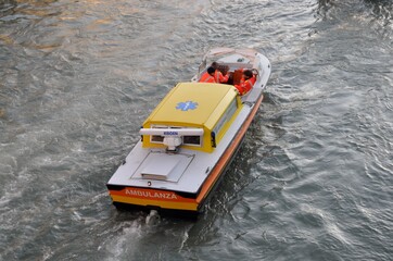Water ambulance on canal water in Venice, Italy