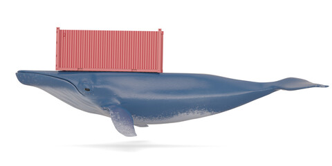 Creative illustration, Container on Blue whale, 3D rendering. 3D illustration.