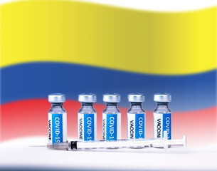 Covid 19 corona virus vaccine bottles and syringe with a National flag background. Coronavirus Vaccine , flu treatment drug pharmacy production concept.