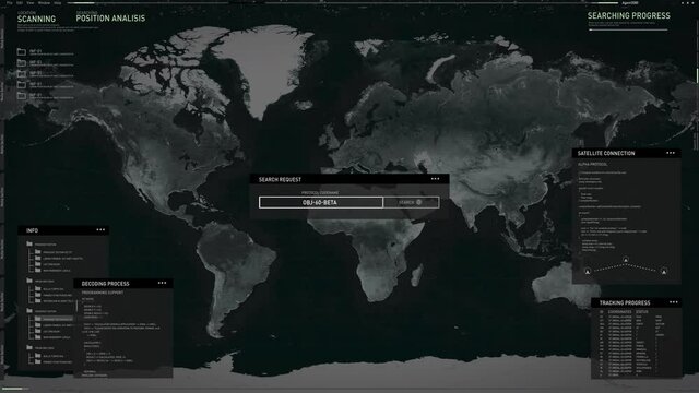 Log into a secret spy system. Using satellite data to scan different countries for dangerous criminals. Discovering the target in Shanghai, China. Computer UI. Position analysis. World map.