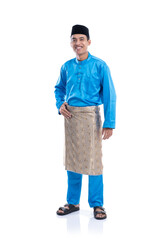 full lenght portrait of malaysia male with blue traditional satin clothes over white background
