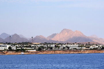 Resorts and hotels at coast of Sharm El Sheikh from yacht. Egypt 