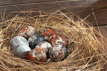Easter composition - multicolored marble Easter eggs painted with natural dyes in a nest of hay