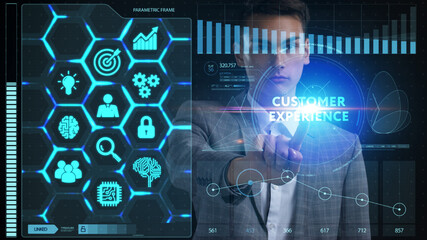 CUSTOMER EXPERIENCE inscription, social networking concept. Business, Technology, Internet and network concept.