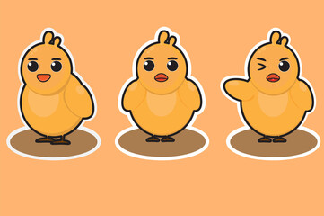 Cute cartoon baby chicken set. Kawaii yellow chicks in different poses. Set of cute emoticon of little chickens. Vector image.