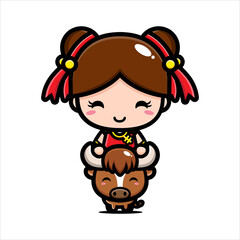 cartoon cute chinese girl character riding a buffalo