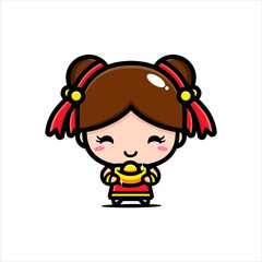 cartoon cute chinese girl character holding gold