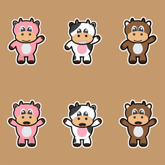 Cute And Adorable Cow standing up. Set of funny little cow in different poses and emotions in cartoon style. Vector Illustration.