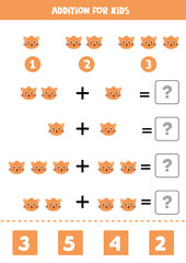 Obraz premium Addition worksheet with cartoon cat face. Math game.