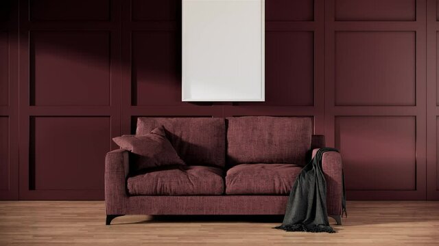 living room interior background with sofa and blank picture frame in the middle, zoom out shot video ultra HD 4K 3840x2160, 3D animation room design