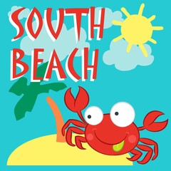 Illustration vector cute crab with text and sun in background