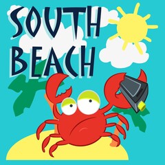 Illustration vector cute crab with text and sun in background