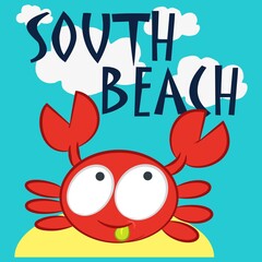 Illustration vector cute crab with text and sun in background