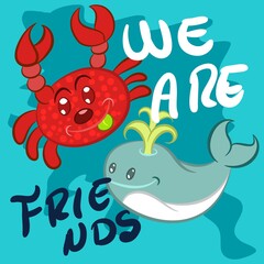Illustration vector cute crab with text and sun in background