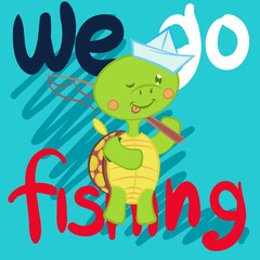 Illustration vector cute turtle with text and background