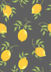 Seamless pattern of lemon fruit with flower on dark background template. Vector set of lemon element for advertising, packaging design of lemon tea products and fashion design.