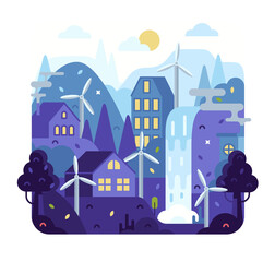 Wind power station background - vector illustration in flat cartoon style. Concept of eco village houses, light in the windows, windmills