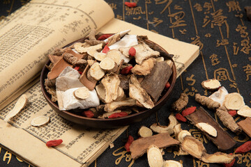 Chinese herbal medicine selection on calligraphy background