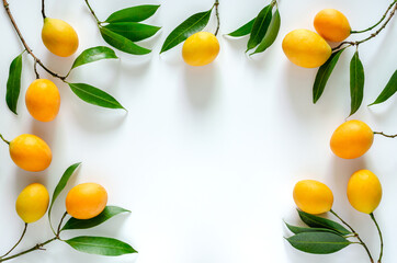 Sweet and sour Marian plum with its leaves on white background. - obrazy, fototapety, plakaty