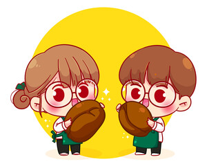 Cute couple Barista in apron holding coffee beans cartoon character illustration