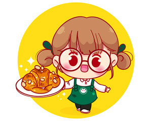 Cute Barista in apron holding plate croissant cartoon character illustration
