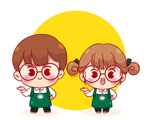 Cute couple Barista in apron with invite present cartoon character illustration