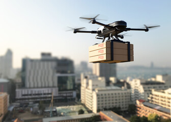 Delivery drone with pizza box. 3D illustration