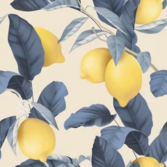 Gordijnen Fruit seamless pattern, pastel lemons and blue leaves on bright brown © momosama