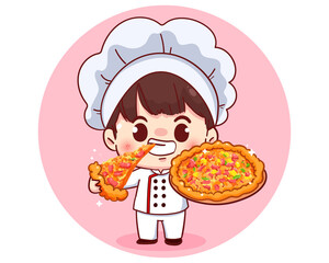 Cute chef and pizza illustration cartoon character illustration Premium Vector