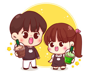 Cute couple holding coffee and Matcha tea cartoon character illustration Premium Vector