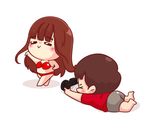 Cute boy take a photo of his girlfriend wearing bikinis bikini suit cartoon character illustration Premium Vector