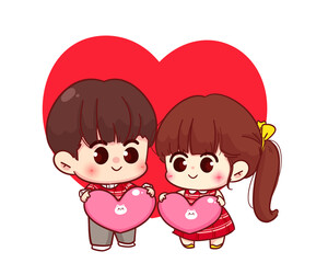 Lovers couple holding heart together Happy valentine cartoon character illustration Premium Vector