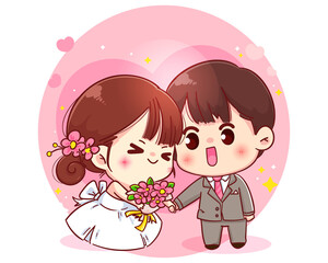 Wedding Couple Happy valentine cartoon character illustration Premium Vector