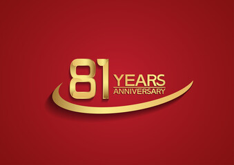 81 years anniversary logo style with swoosh golden color isolated on red background for celebration moment, greeting card, invitation and special moment