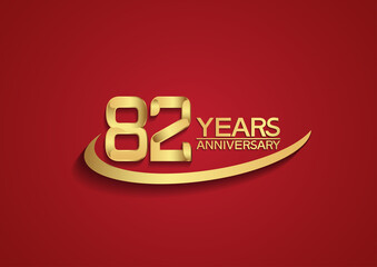 82 years anniversary logo style with swoosh golden color isolated on red background for celebration moment, greeting card, invitation and special moment